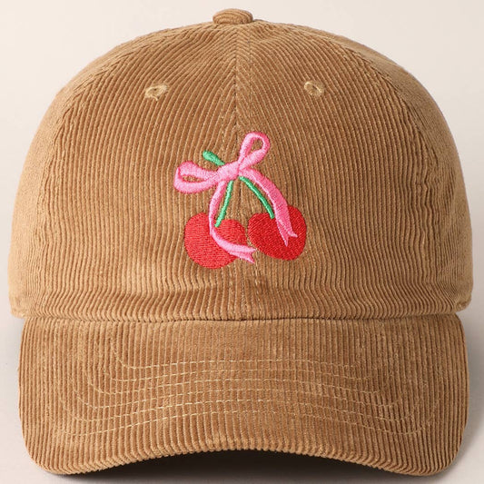 Cherries & Bow Embroidered Corduroy Hat